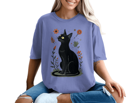 Cat in Floral Garden Graphic Crewneck Lavender T-Shirt - IconVexa
