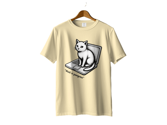 Cat on Laptop Work in Pawgress Graphic Design T-Shirt - IconVexa
