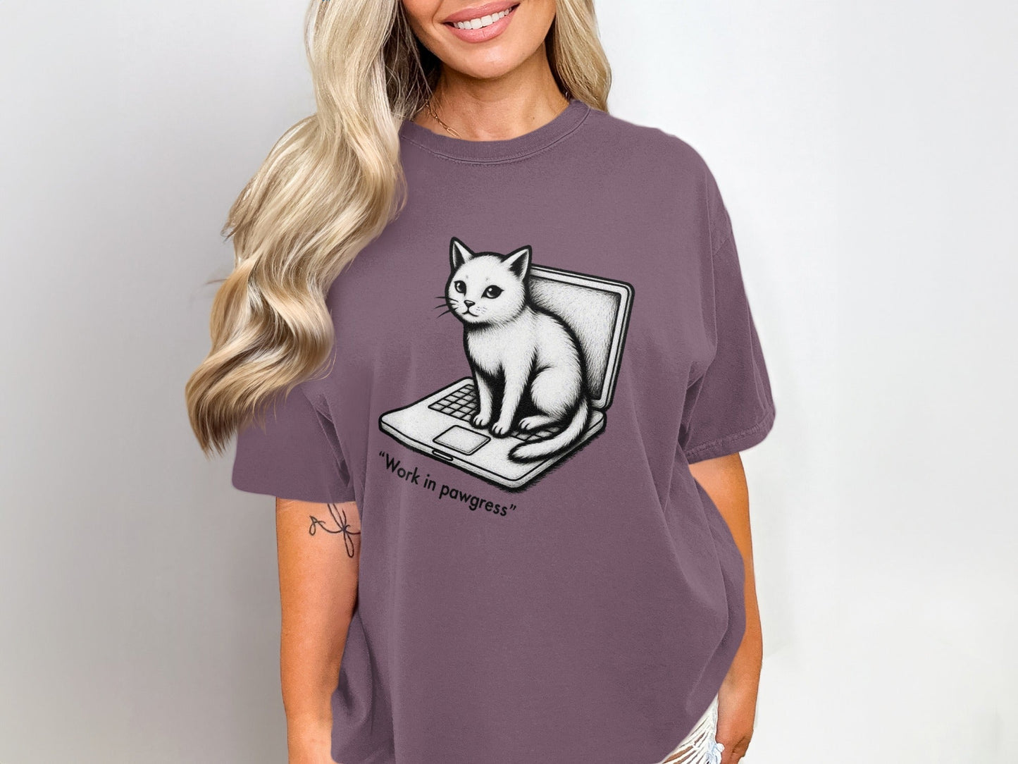 Cat on Laptop Work in Pawgress Graphic Design T-Shirt - IconVexa