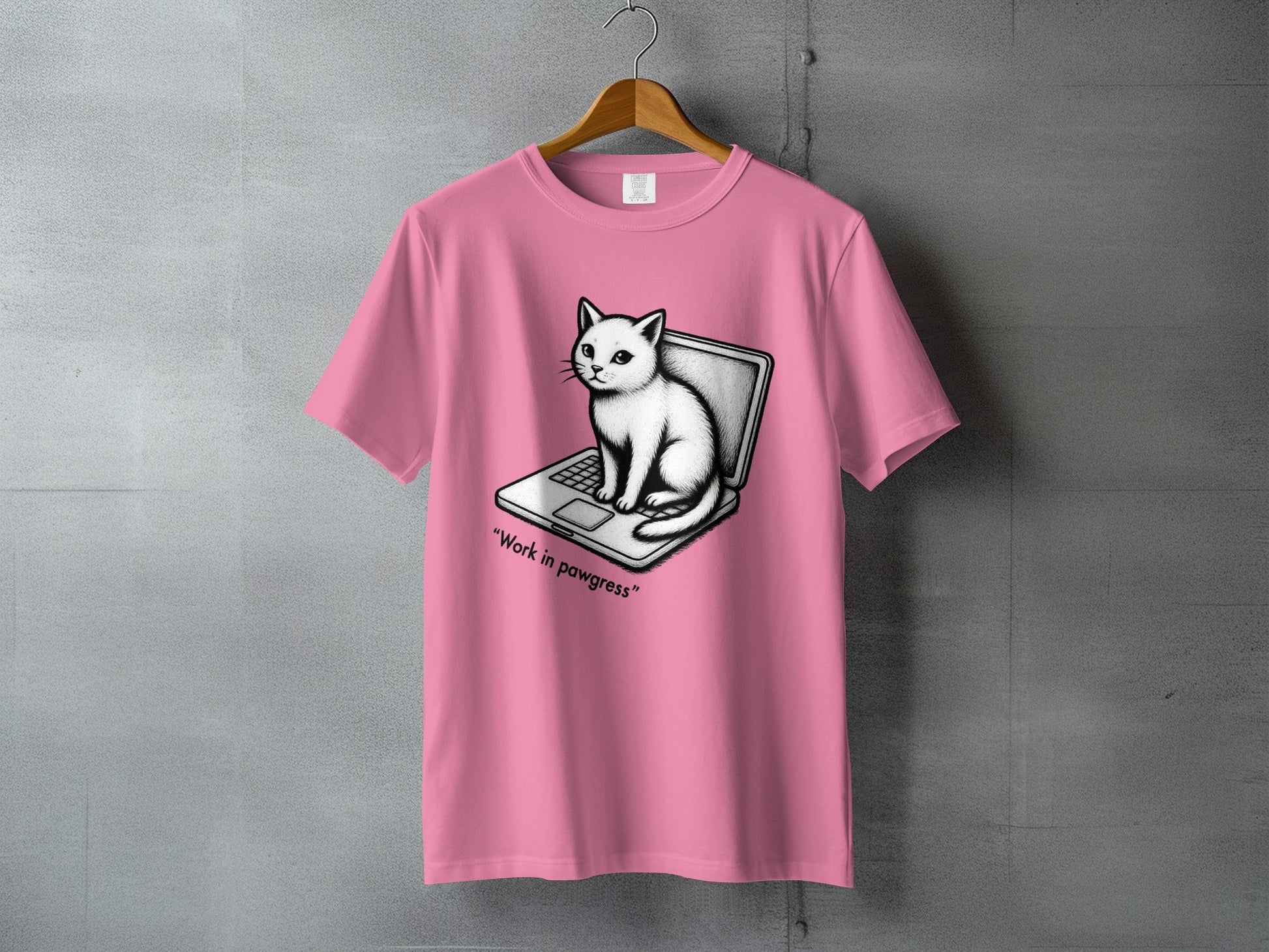 Cat on Laptop Work in Pawgress Graphic Design T-Shirt - IconVexa