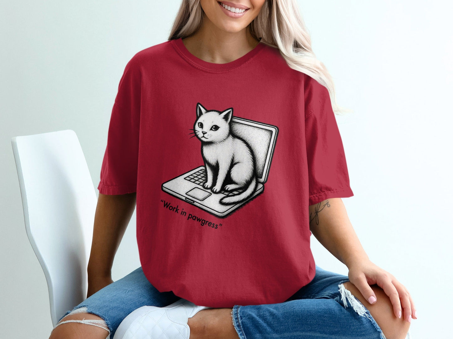 Cat on Laptop Work in Pawgress Graphic Design T-Shirt - IconVexa