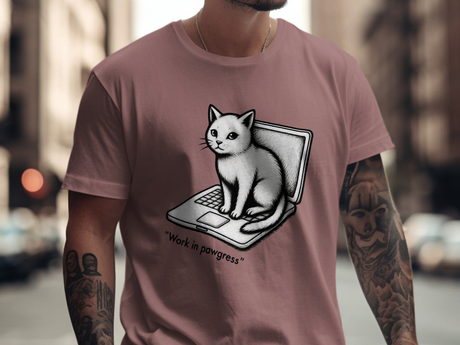 Cat on Laptop Work in Pawgress Graphic Design T-Shirt - IconVexa