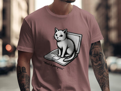 Cat on Laptop Work in Pawgress Graphic Design T-Shirt - IconVexa