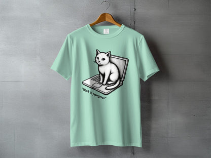 Cat on Laptop Work in Pawgress Graphic Design T-Shirt - IconVexa