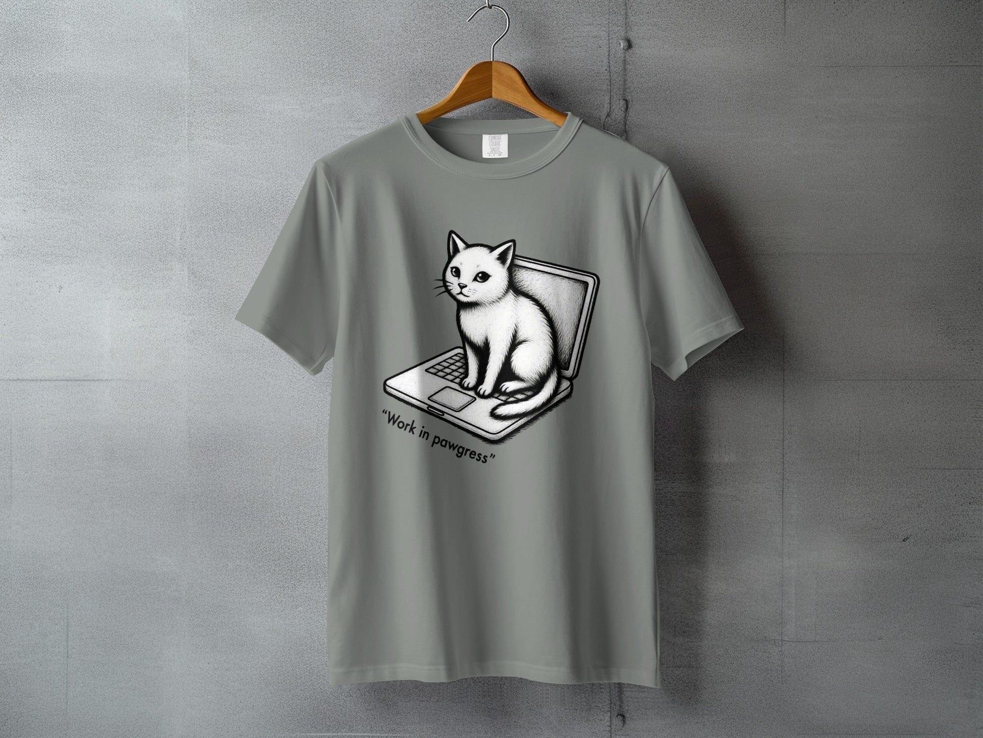 Cat on Laptop Work in Pawgress Graphic Design T-Shirt - IconVexa