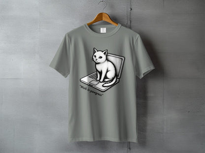 Cat on Laptop Work in Pawgress Graphic Design T-Shirt - IconVexa