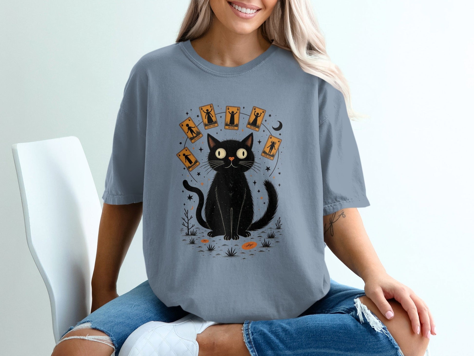 Cat Surrounded with Tarot Cards Graphic Printed T-Shirt - IconVexa