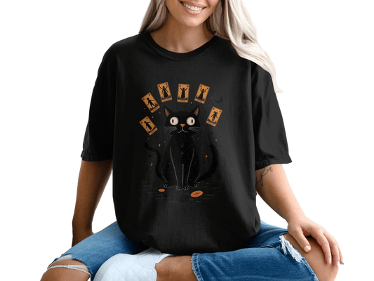 Cat Surrounded with Tarot Cards Graphic Printed T-Shirt - IconVexa