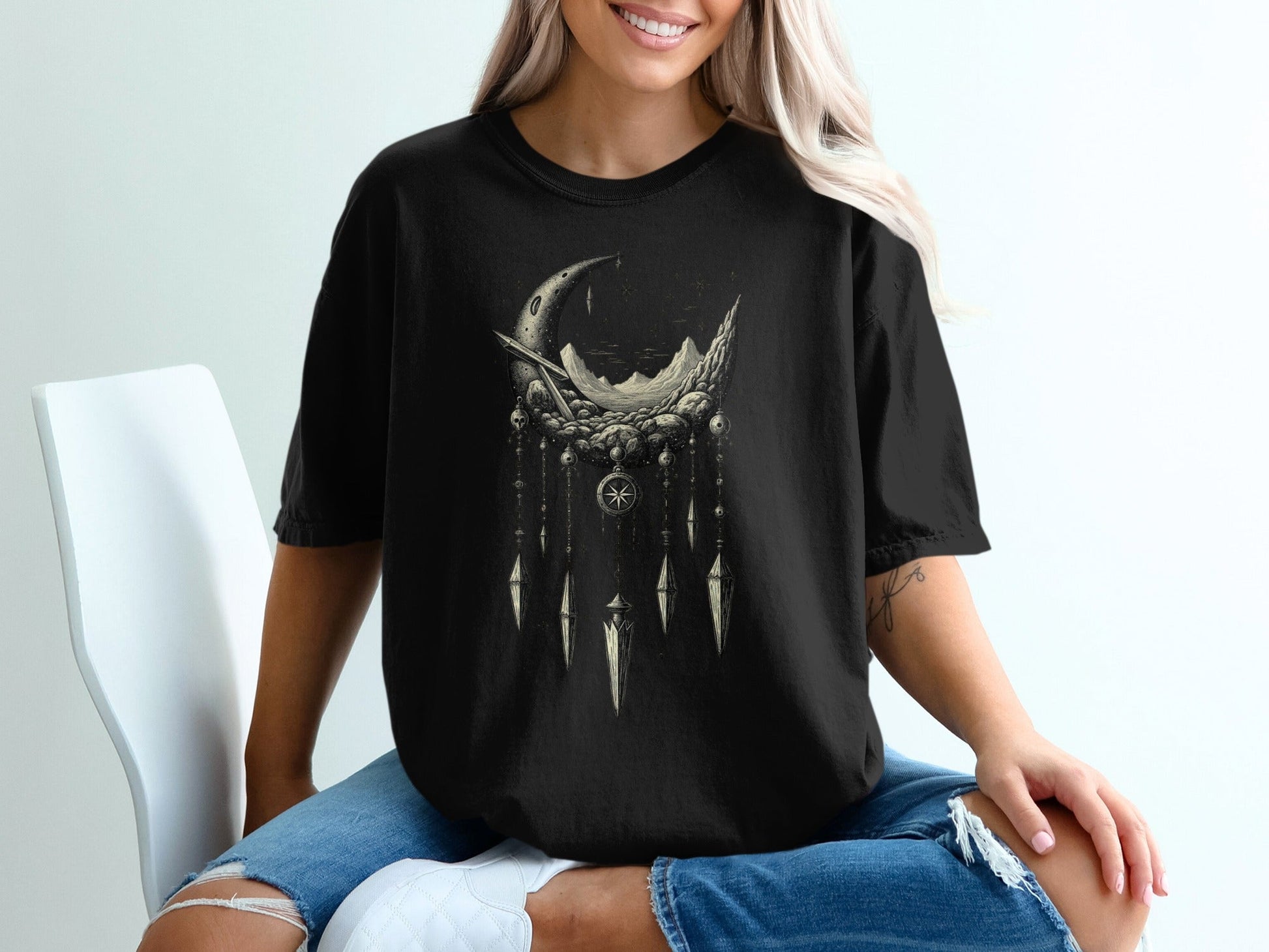Celestial Dreamcatcher Crescent Moon Graphic Unisex T-Shirt - IconVexa