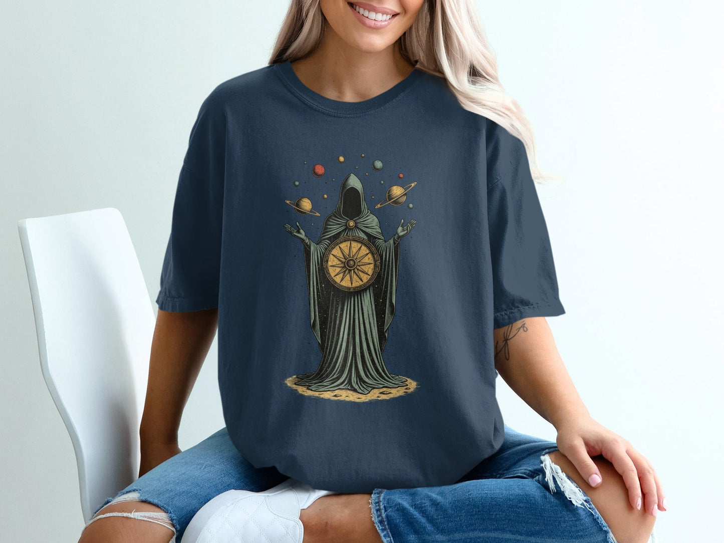 Celestial Guidance Planets Graphic Design Dark Theme T-Shirt - IconVexa