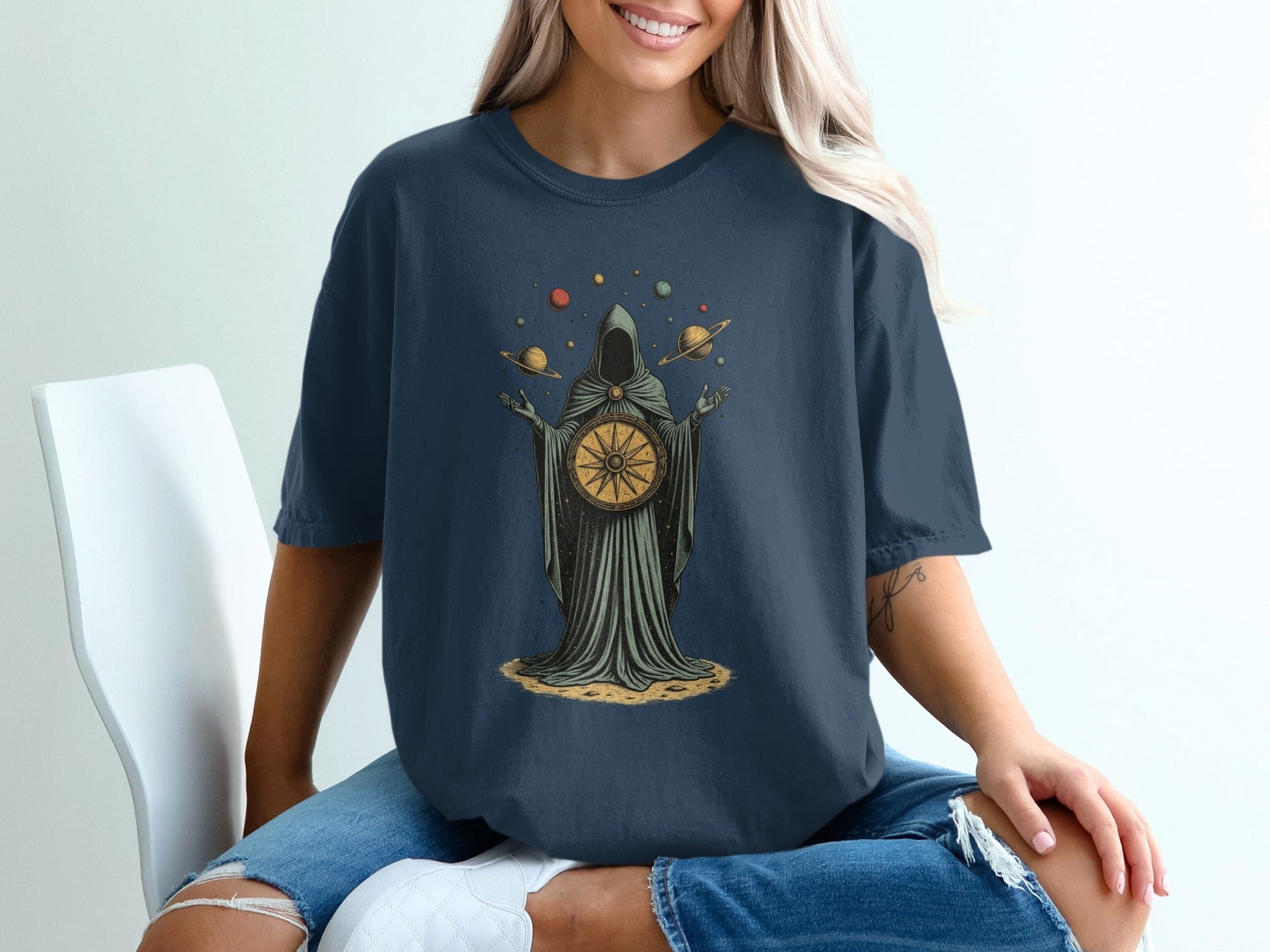 Celestial Guidance Planets Graphic Design Dark Theme T-Shirt - IconVexa