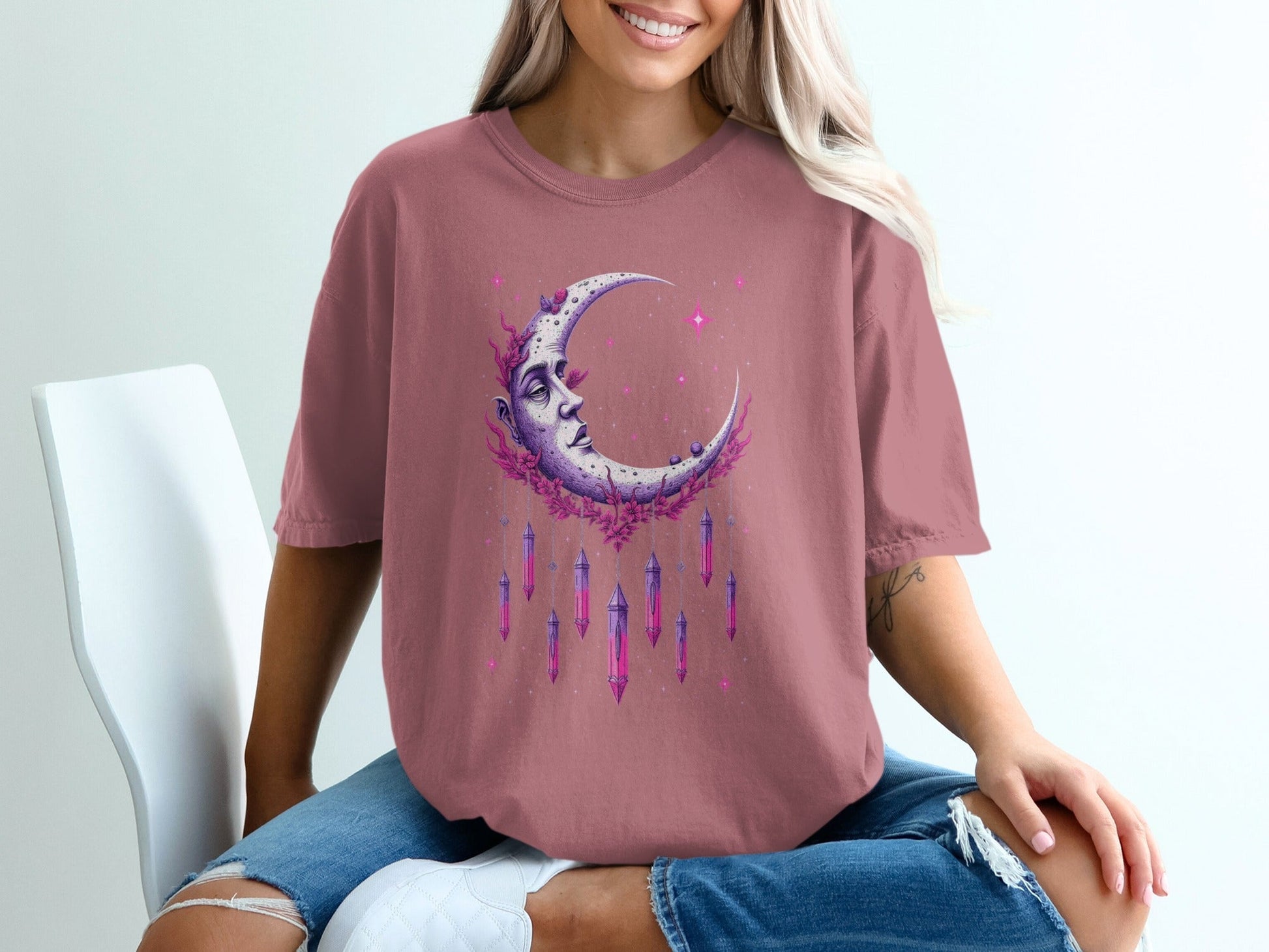 Celestial Moon Woman With Crystals Mystical Night Sky T-Shirt - IconVexa