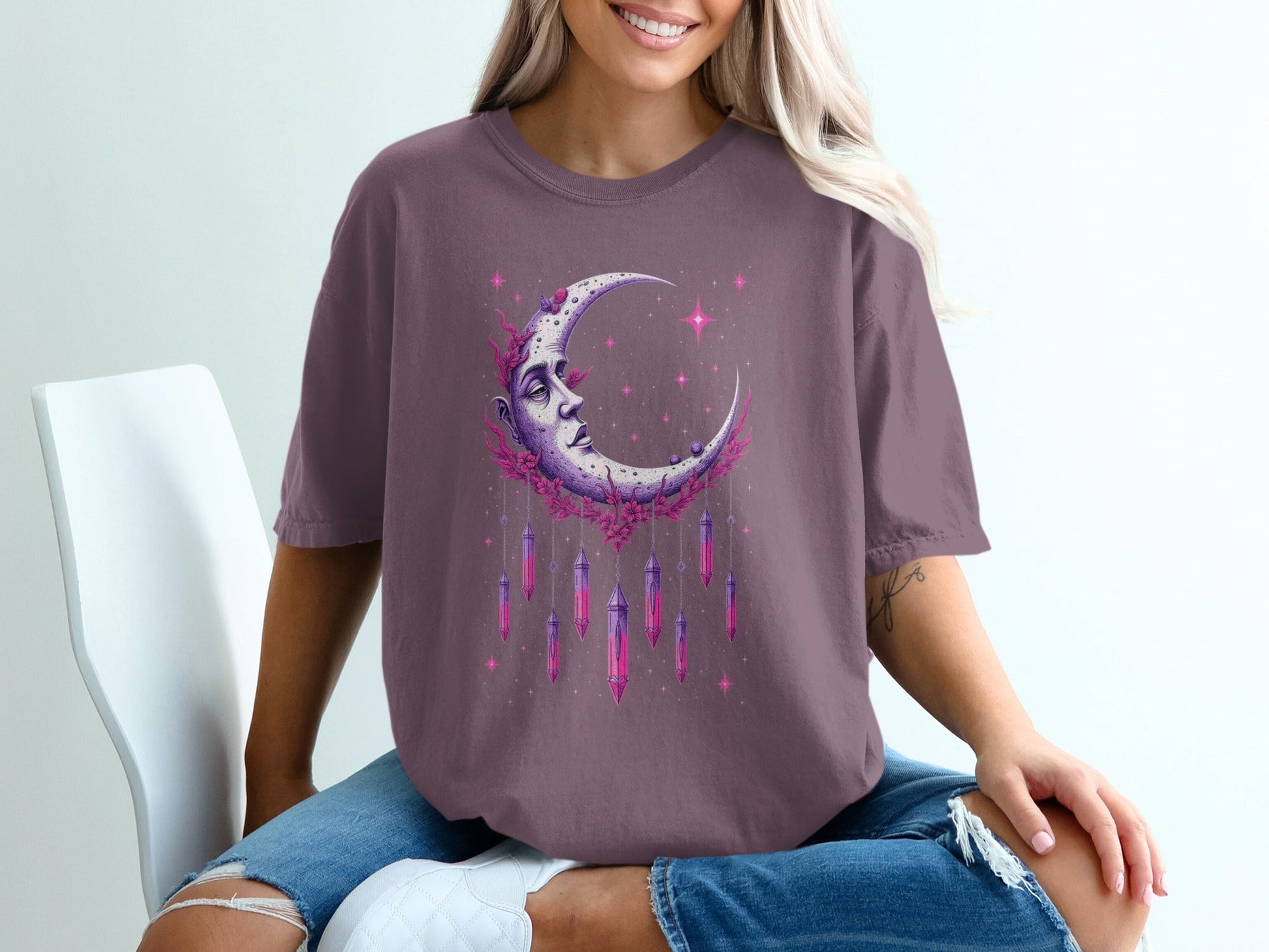 Celestial Moon Woman With Crystals Mystical Night Sky T-Shirt - IconVexa