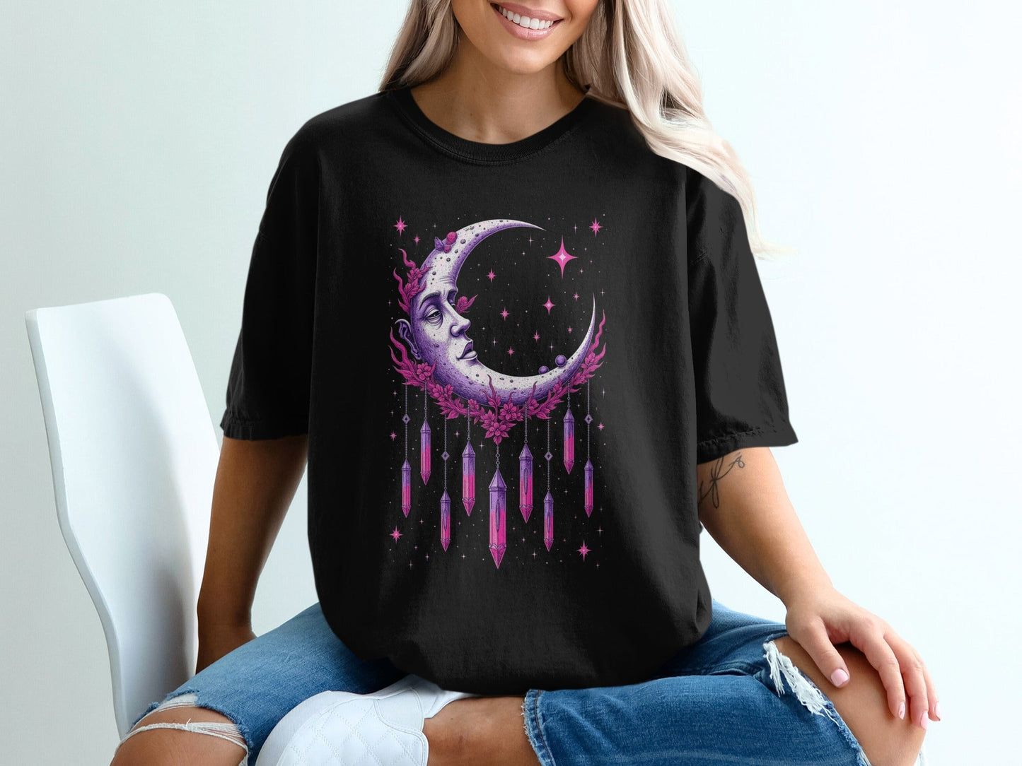 Celestial Moon Woman With Crystals Mystical Night Sky T-Shirt - IconVexa