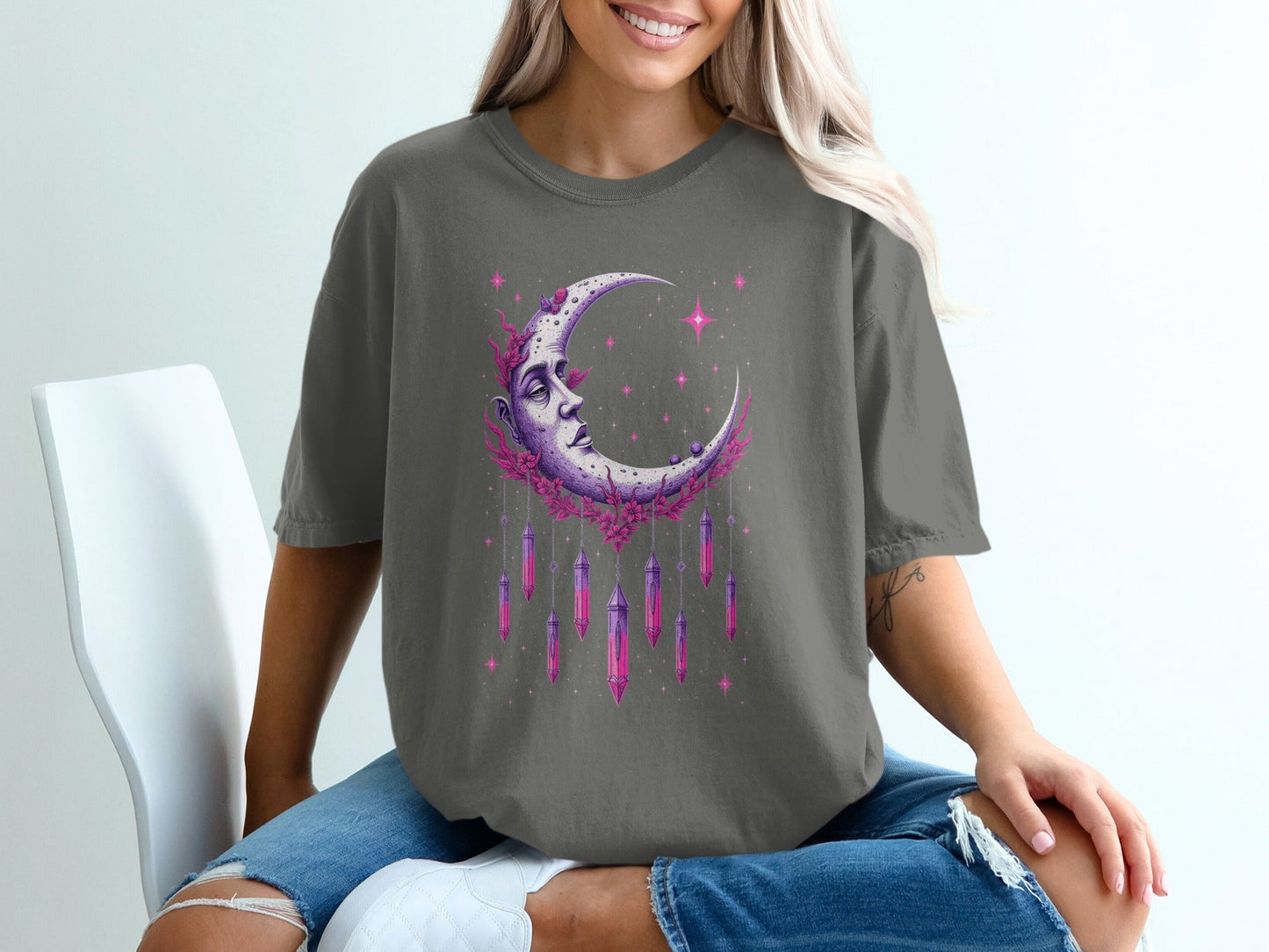 Celestial Moon Woman With Crystals Mystical Night Sky T-Shirt - IconVexa