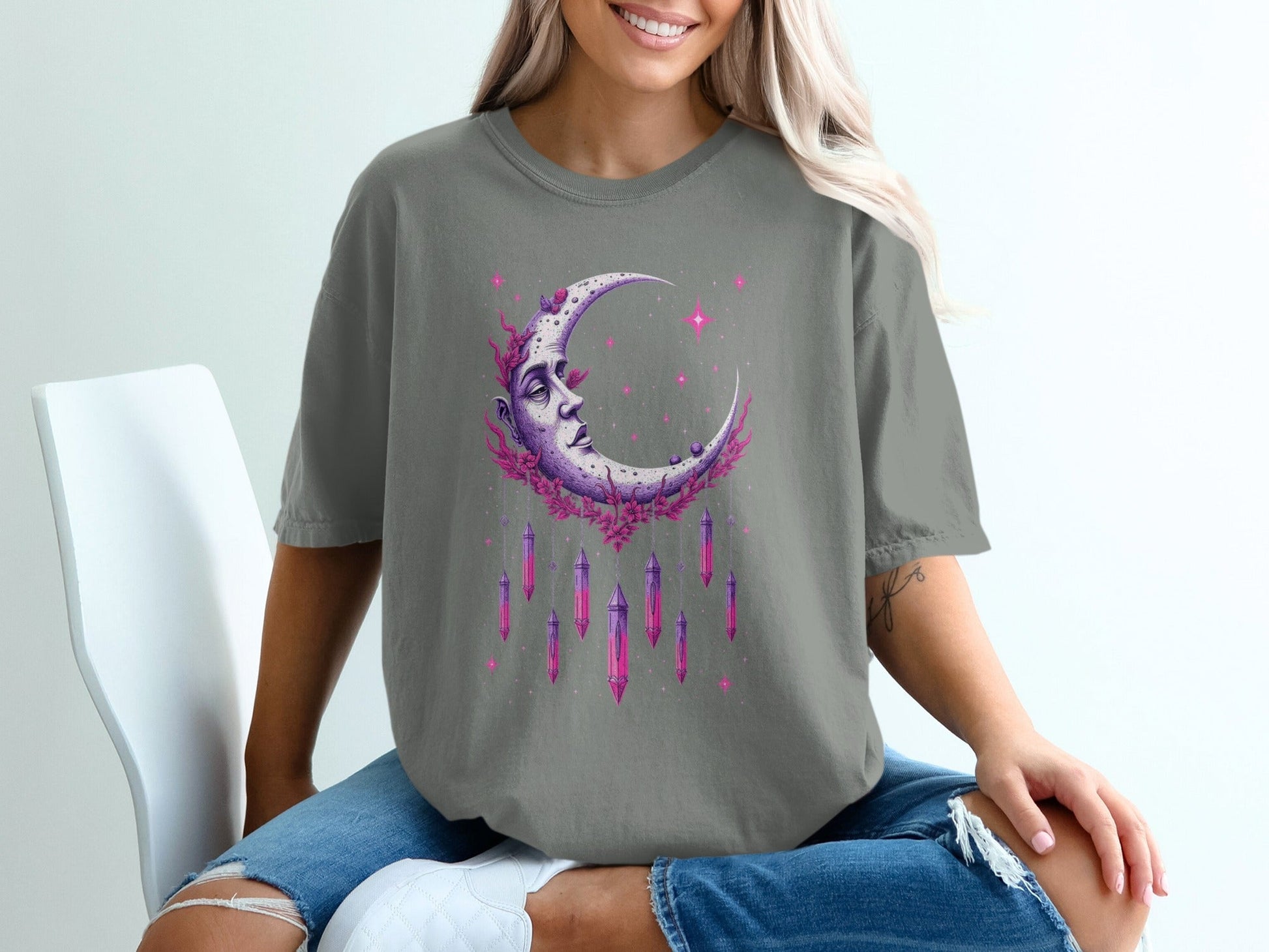 Celestial Moon Woman With Crystals Mystical Night Sky T-Shirt - IconVexa