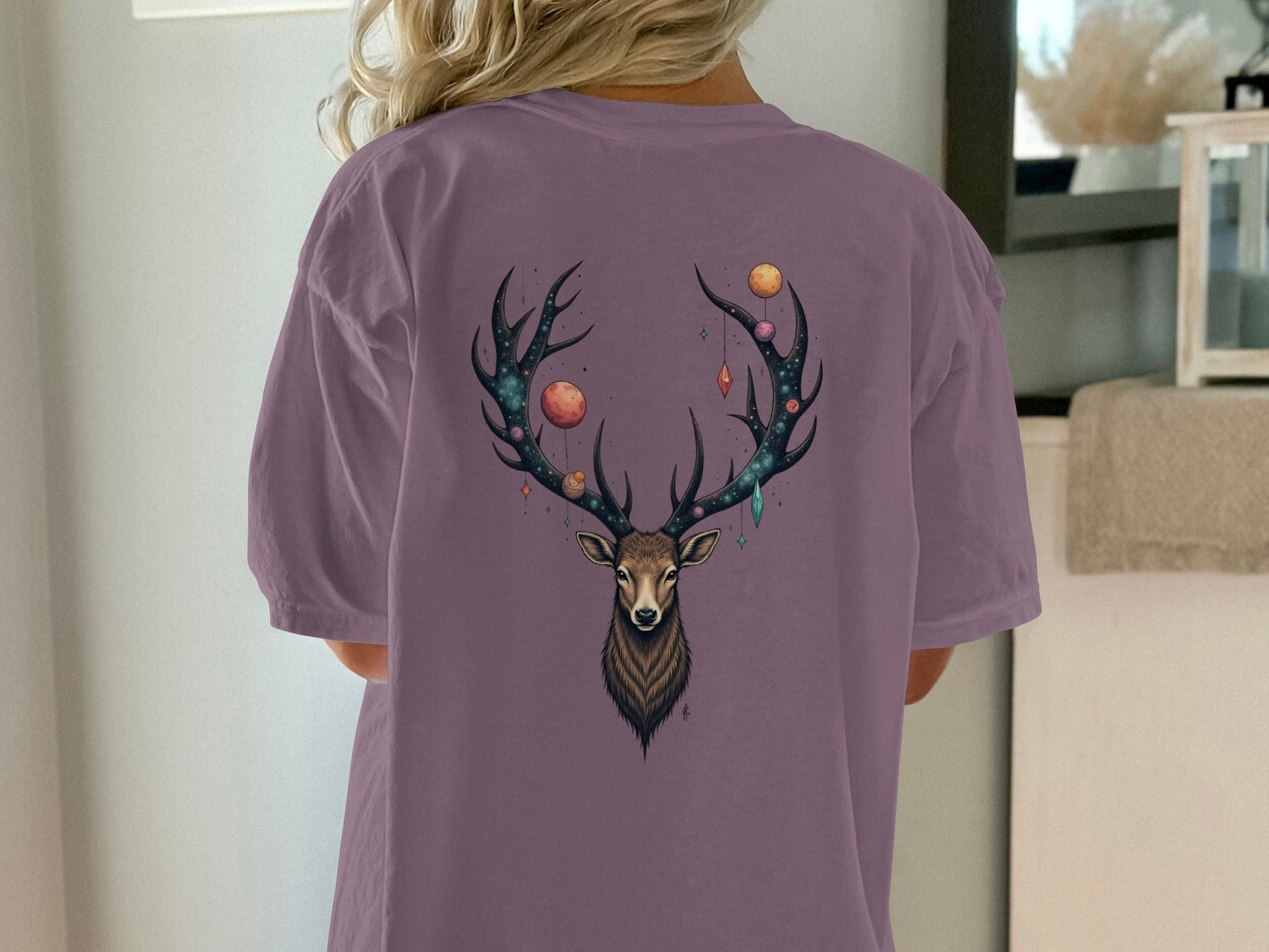 Celestial Stag Adorned With Planets and Stars Graphic T-Shirt - IconVexa