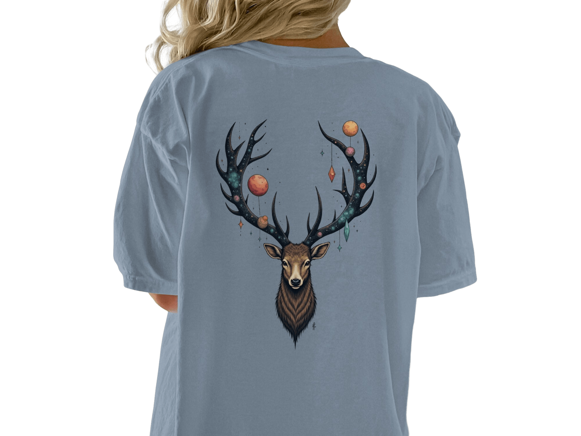 Celestial Stag Adorned With Planets and Stars Graphic T-Shirt - IconVexa