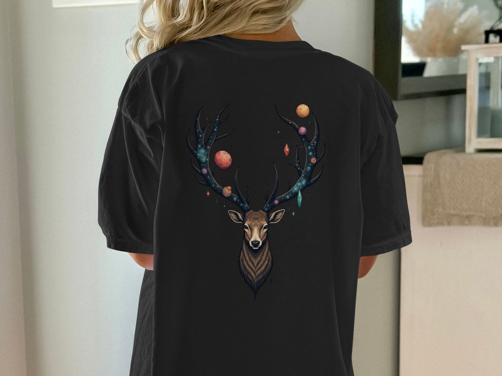 Celestial Stag Adorned With Planets and Stars Graphic T-Shirt - IconVexa