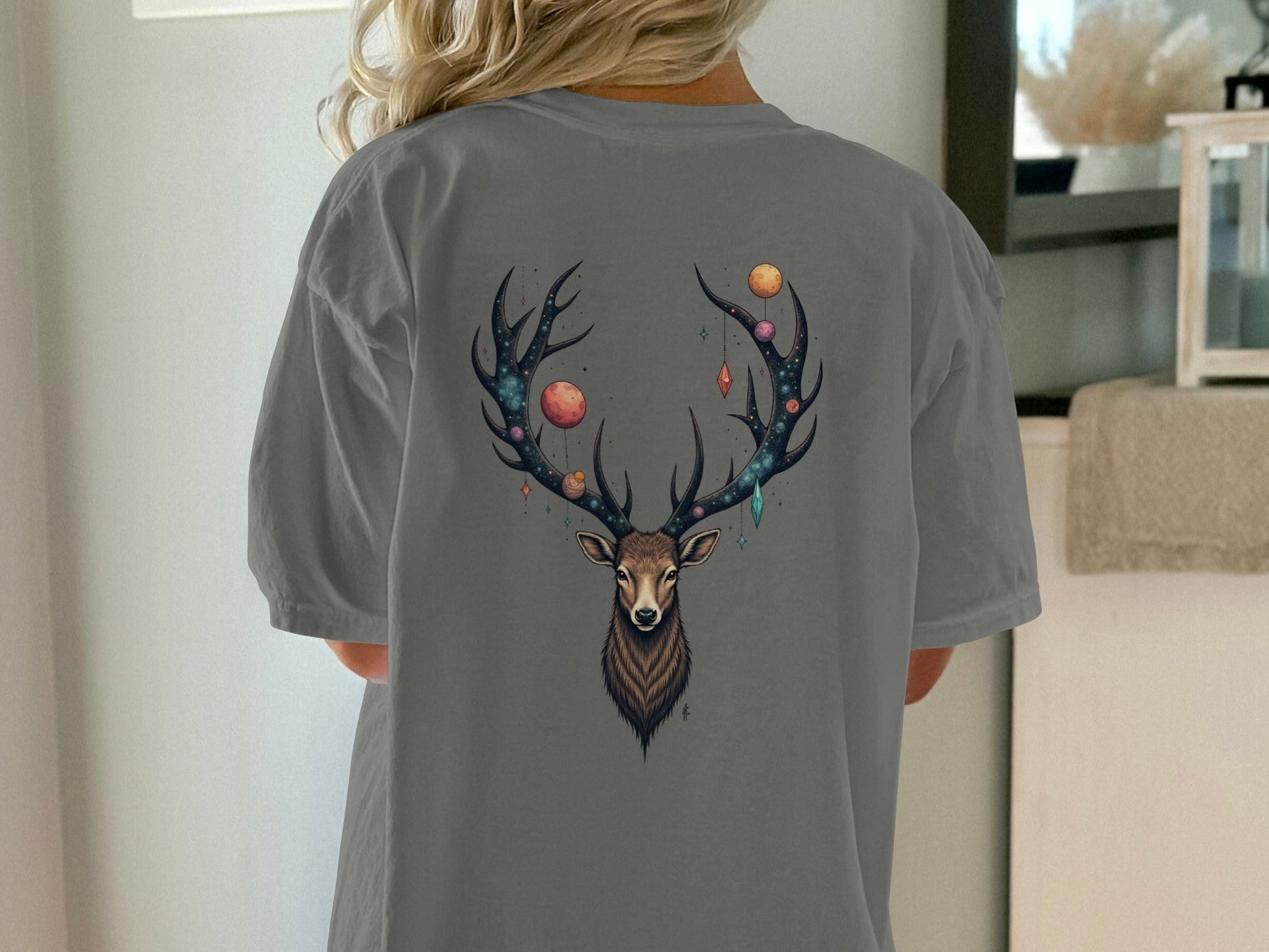 Celestial Stag Adorned With Planets and Stars Graphic T-Shirt - IconVexa