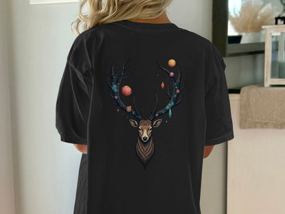 Celestial Stag Adorned With Planets and Stars Graphic T-Shirt - IconVexa