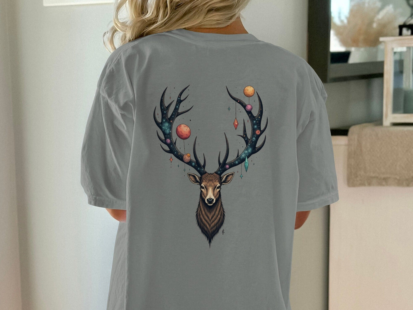 Celestial Stag Adorned With Planets and Stars Graphic T-Shirt - IconVexa