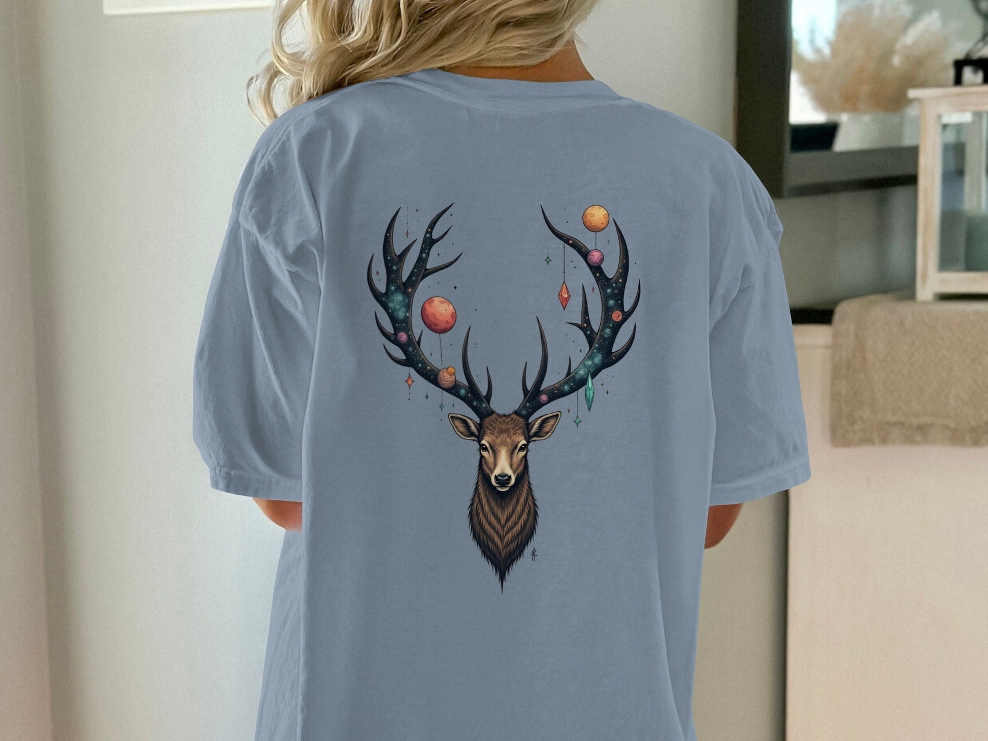 Celestial Stag Adorned With Planets and Stars Graphic T-Shirt - IconVexa