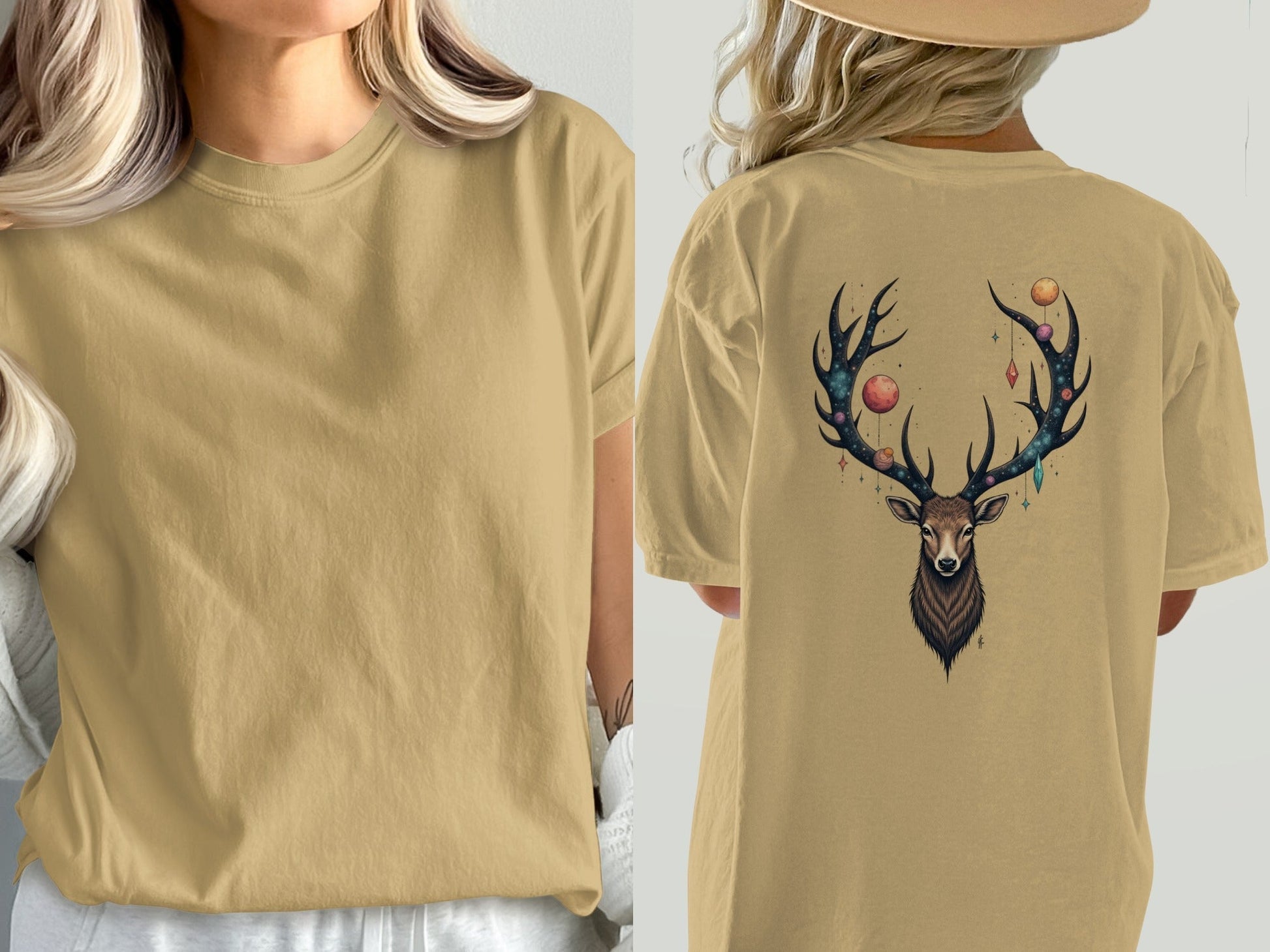 Celestial Stag Adorned With Planets and Stars Graphic T-Shirt - IconVexa