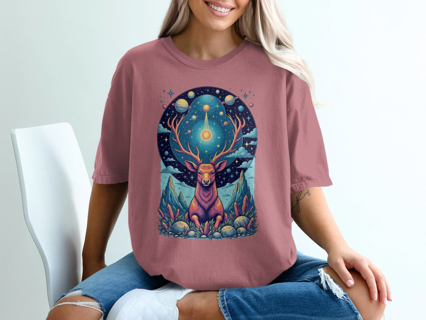 Celestial Stag Among Stars Fantasy World Graphic T-Shirt - IconVexa