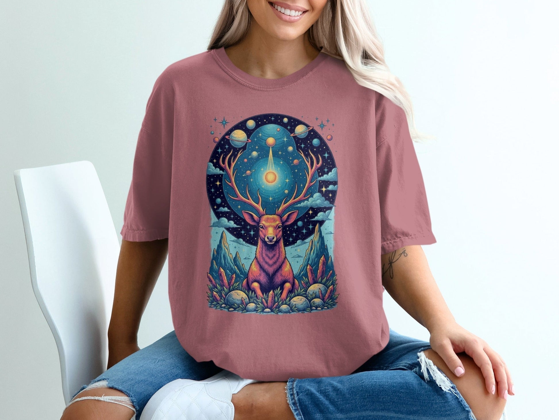 Celestial Stag Among Stars Fantasy World Graphic T-Shirt - IconVexa