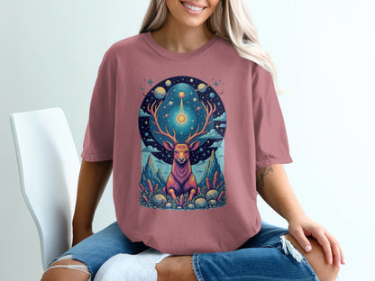 Celestial Stag Among Stars Fantasy World Graphic T-Shirt - IconVexa