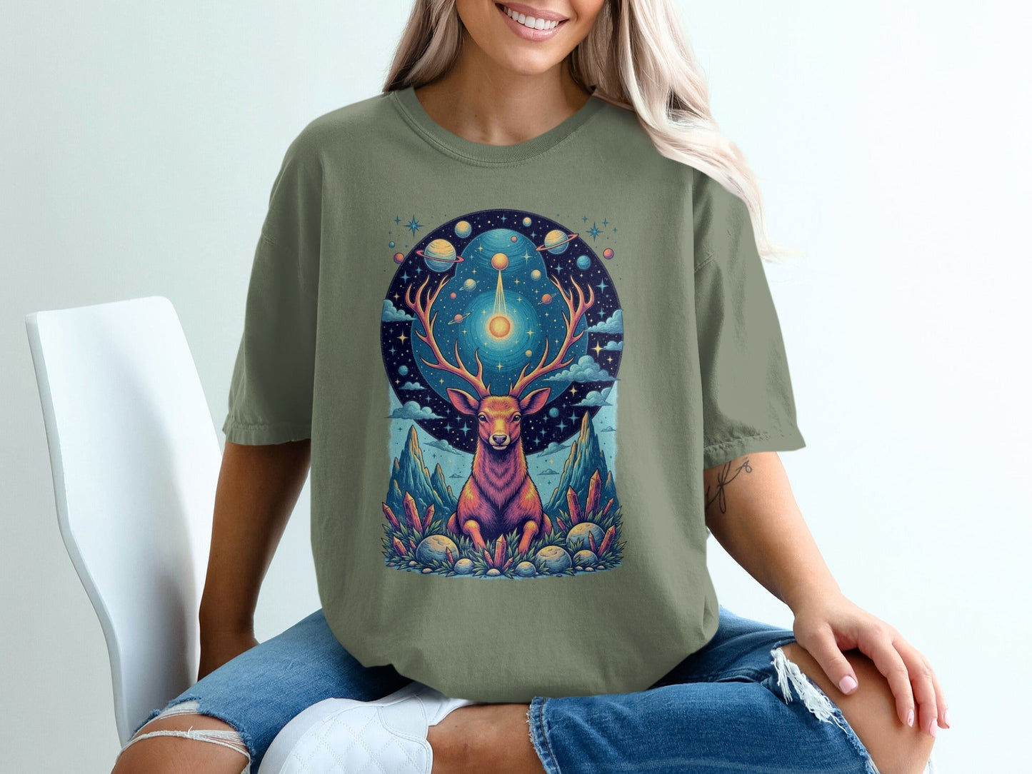 Celestial Stag Among Stars Fantasy World Graphic T-Shirt - IconVexa