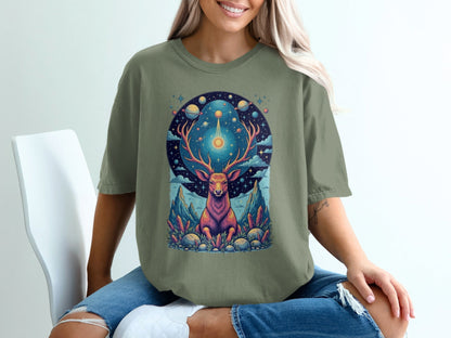 Celestial Stag Among Stars Fantasy World Graphic T-Shirt - IconVexa