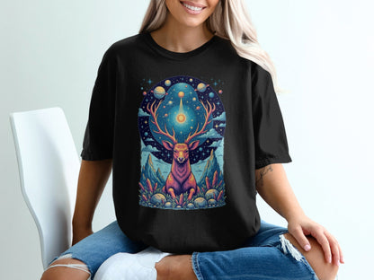 Celestial Stag Among Stars Fantasy World Graphic T-Shirt - IconVexa