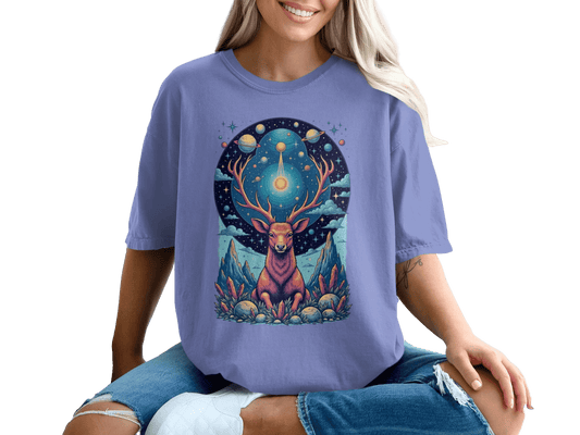 Celestial Stag Among Stars Fantasy World Graphic T-Shirt - IconVexa