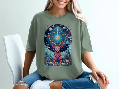 Celestial Stag Among Stars Fantasy World Graphic T-Shirt - IconVexa
