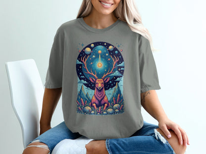 Celestial Stag Among Stars Fantasy World Graphic T-Shirt - IconVexa