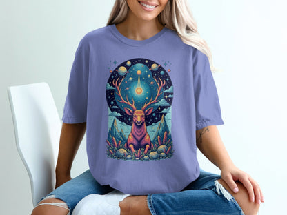 Celestial Stag Among Stars Fantasy World Graphic T-Shirt - IconVexa