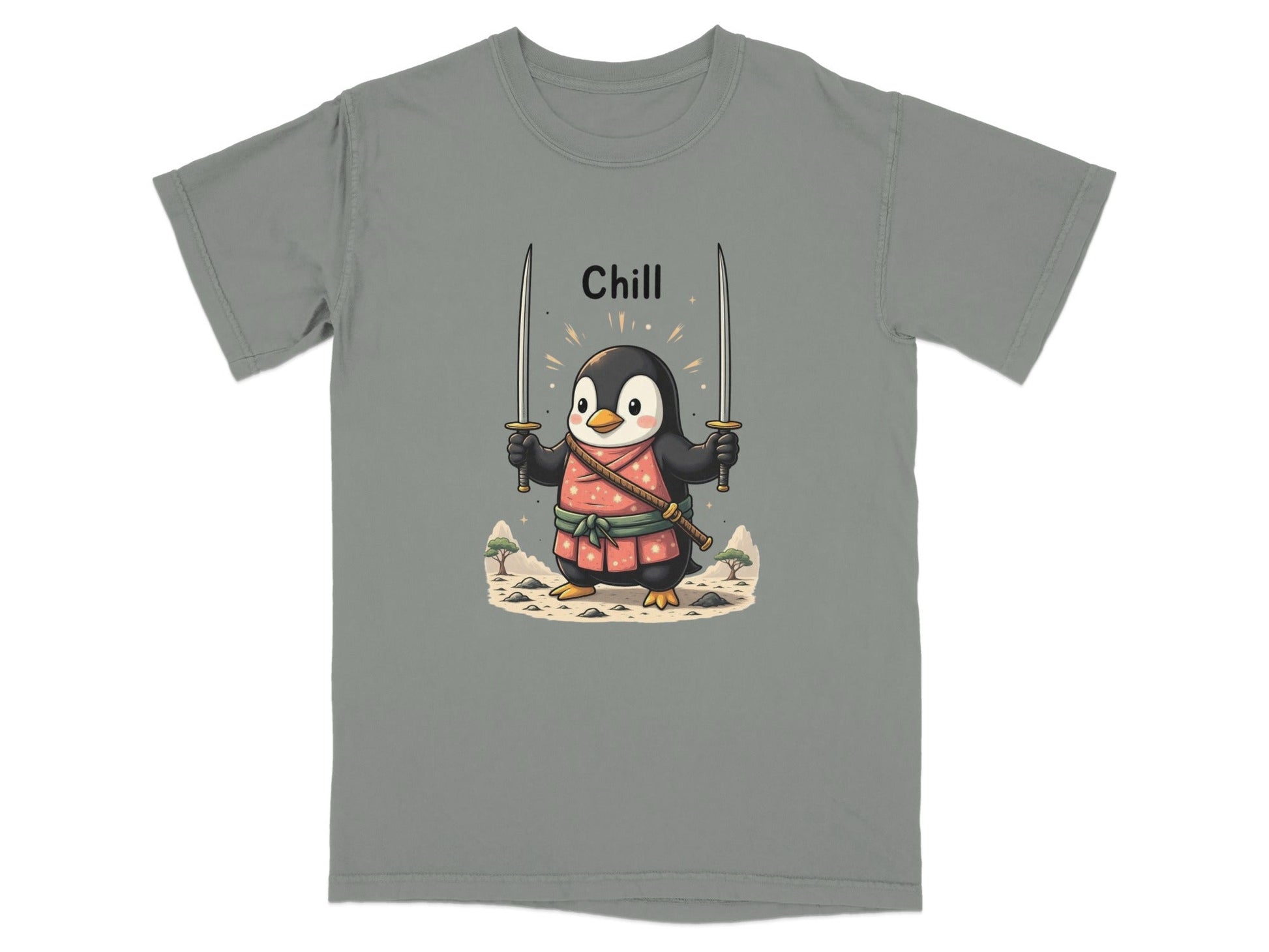 Chill Penguin Samurai With Swords Illustrated Cute T-Shirt - IconVexa