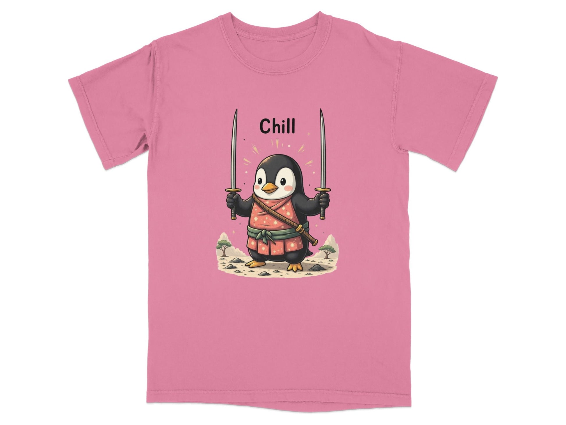 Chill Penguin Samurai With Swords Illustrated Cute T-Shirt - IconVexa