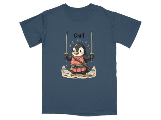 Chill Penguin Samurai With Swords Illustrated Cute T-Shirt - IconVexa