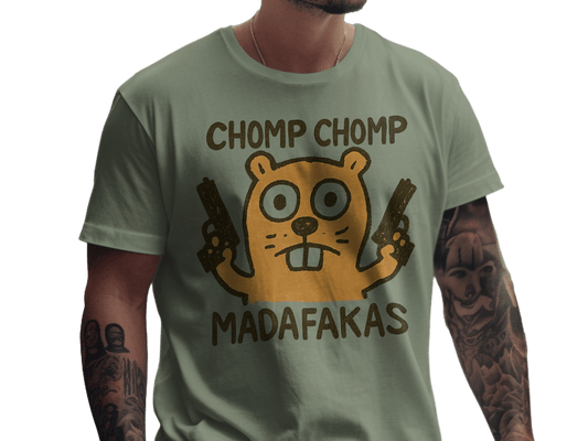 Chomp Chomp Madafakas T-Shirt, Funny Animal Tee, Beaver with Guns, Gangster T-Shirt, Graphic Tee, Novelty T-Shirt, Unique Design - IconVexa