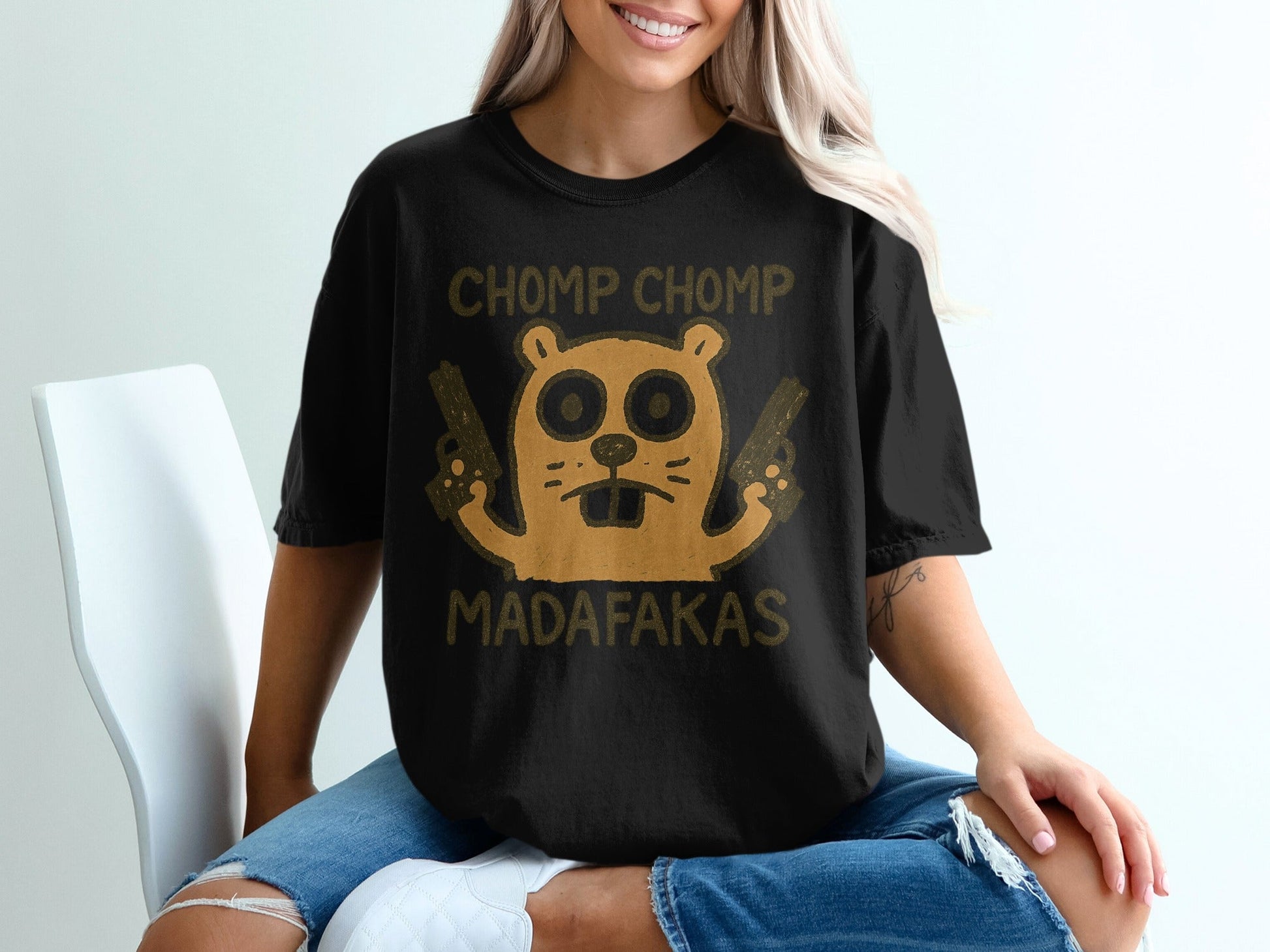 Chomp Chomp Madafakas T-Shirt, Funny Animal Tee, Beaver with Guns, Gangster T-Shirt, Graphic Tee, Novelty T-Shirt, Unique Design - IconVexa