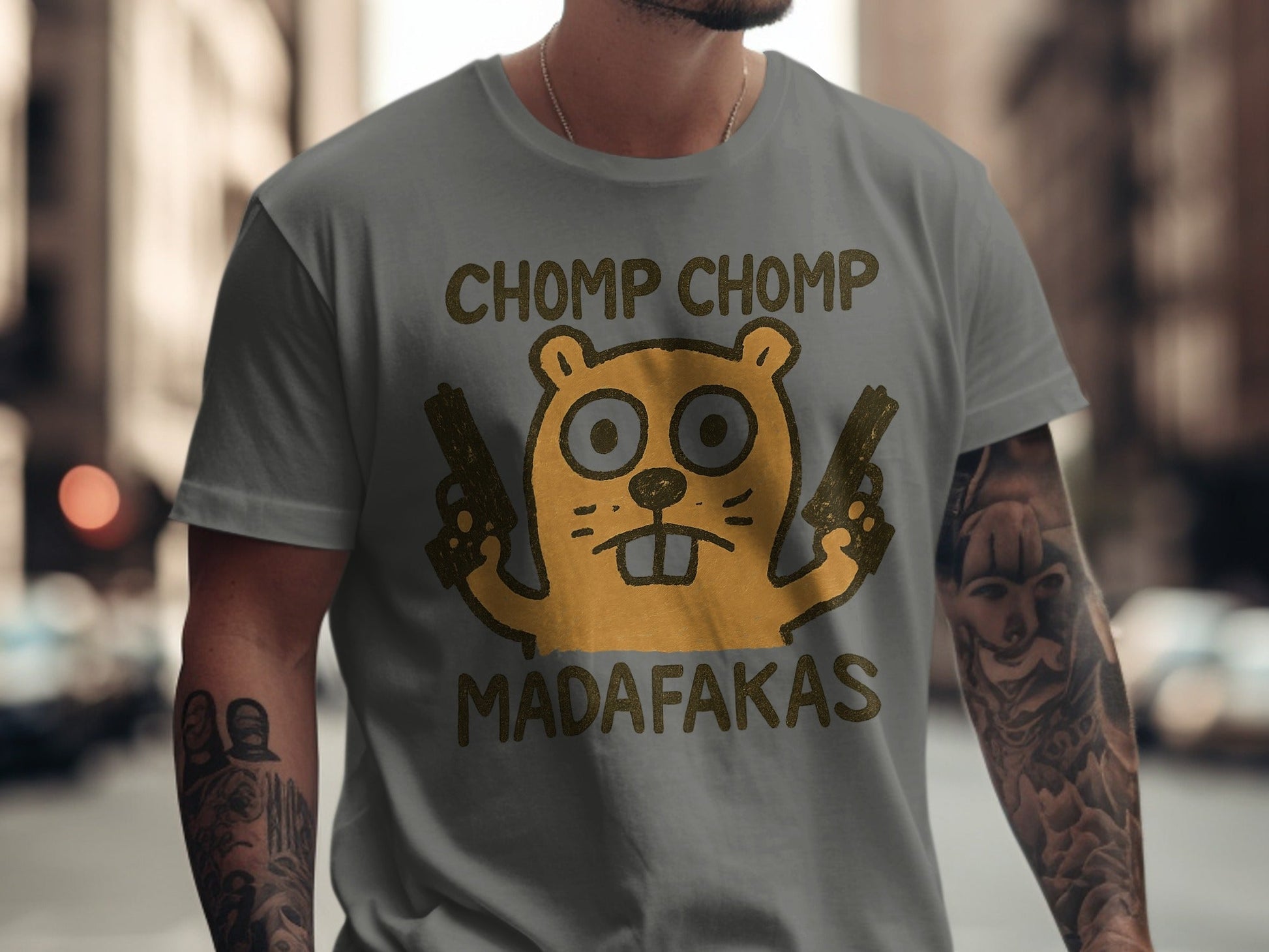 Chomp Chomp Madafakas T-Shirt, Funny Animal Tee, Beaver with Guns, Gangster T-Shirt, Graphic Tee, Novelty T-Shirt, Unique Design - IconVexa