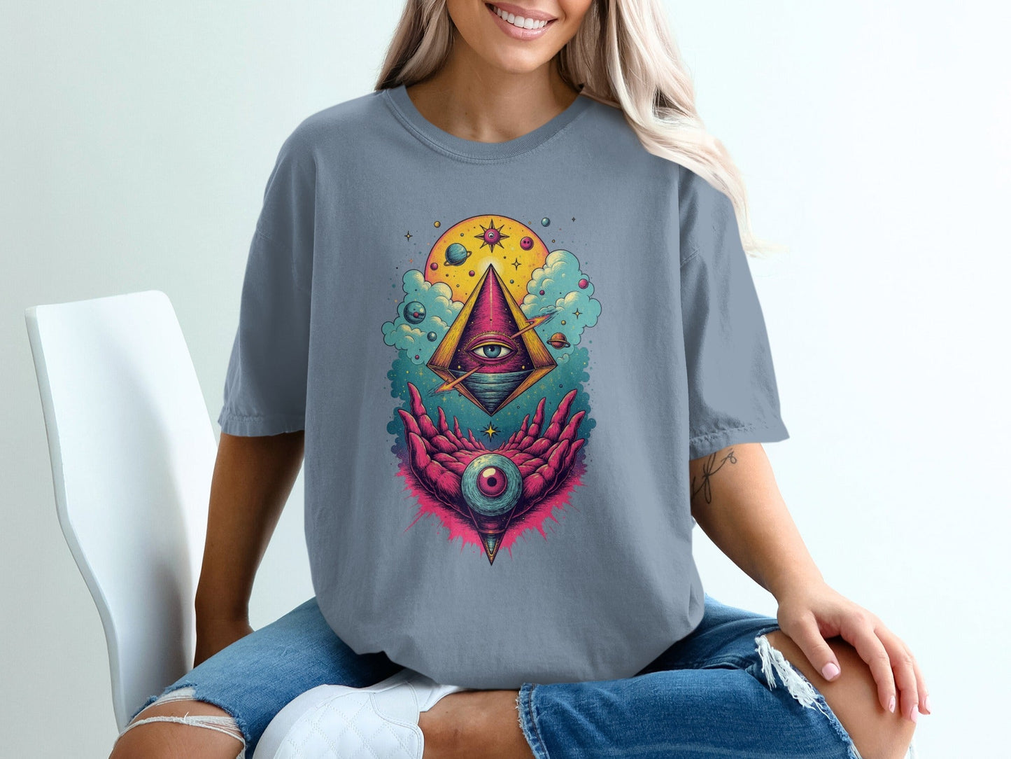 Cosmic Pyramid with Eye in Hand Graphic Stylish T-Shirt - IconVexa