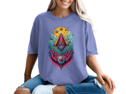 Cosmic Pyramid with Eye in Hand Graphic Stylish T-Shirt - IconVexa
