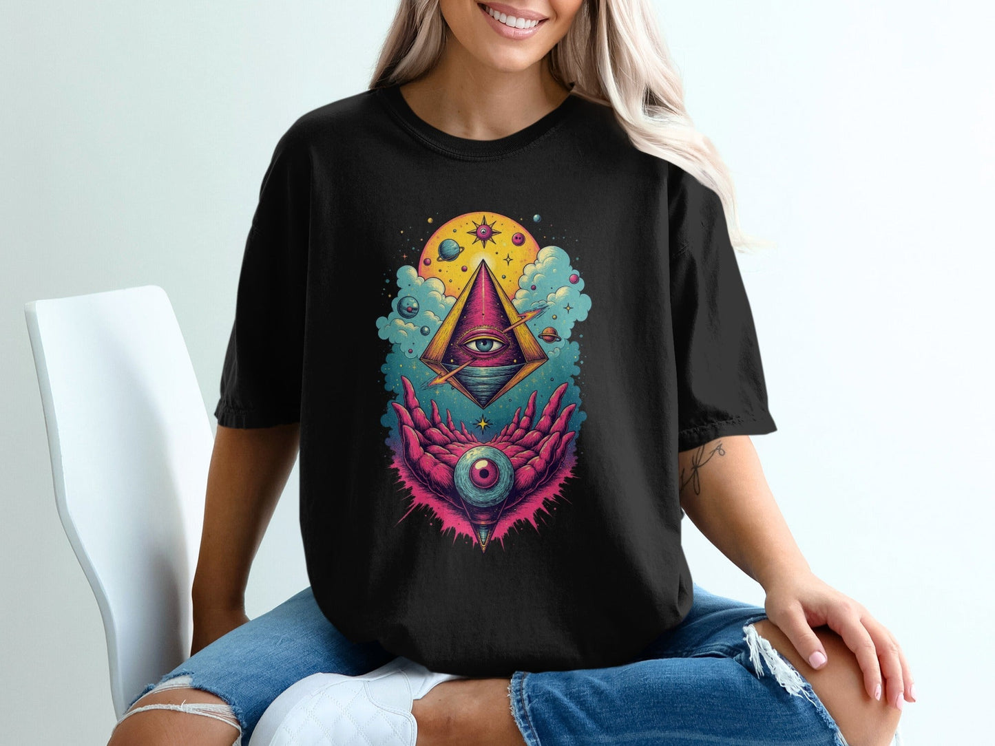 Cosmic Pyramid with Eye in Hand Graphic Stylish T-Shirt - IconVexa