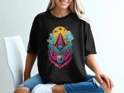 Cosmic Pyramid with Eye in Hand Graphic Stylish T-Shirt - IconVexa