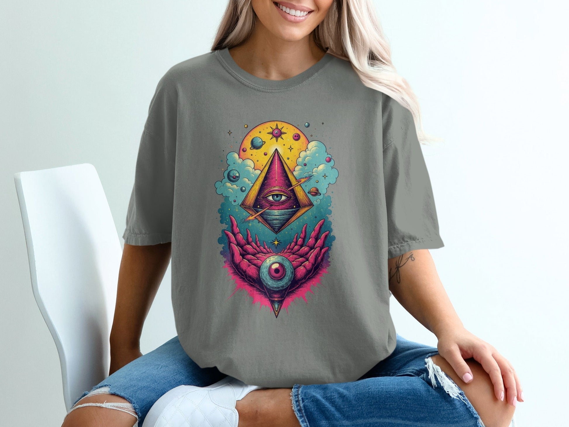 Cosmic Pyramid with Eye in Hand Graphic Stylish T-Shirt - IconVexa