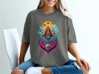 Cosmic Pyramid with Eye in Hand Graphic Stylish T-Shirt - IconVexa